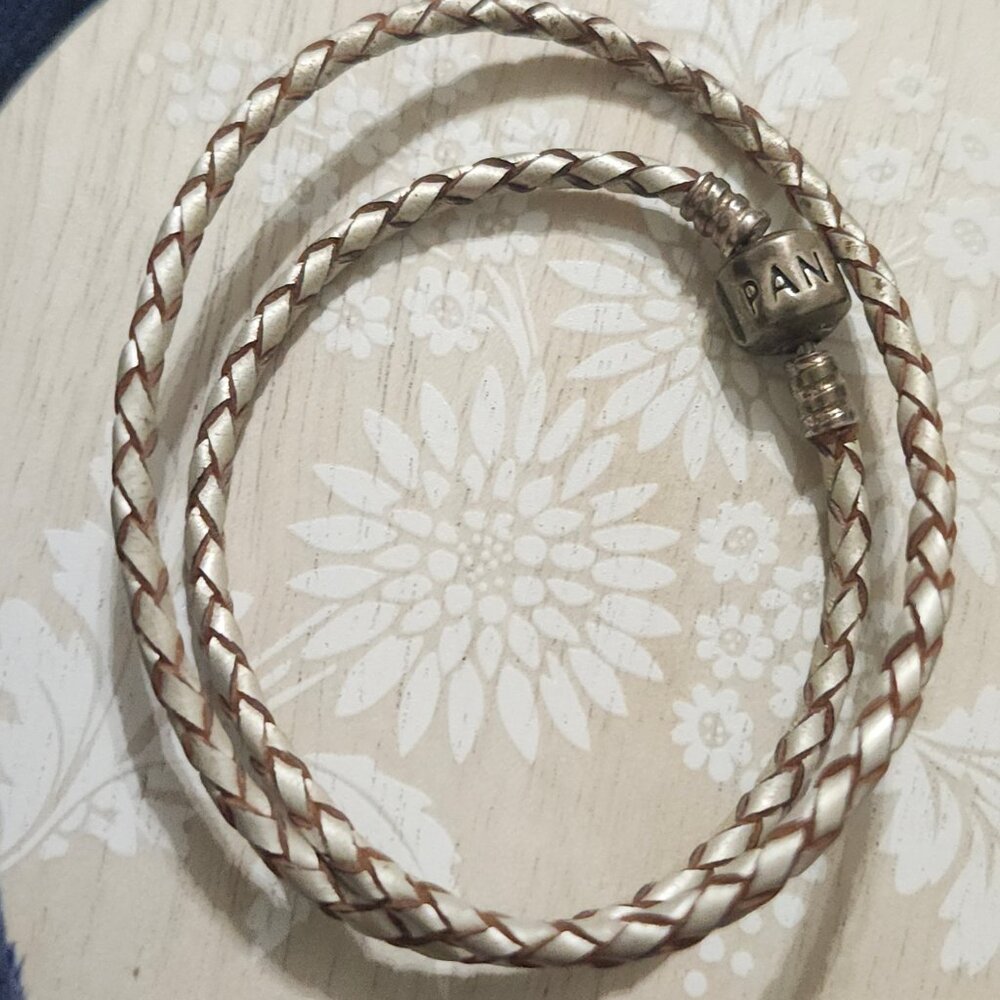 Pandora Sterling Silver Ivory Leather Double Wrap Charm Bracelet